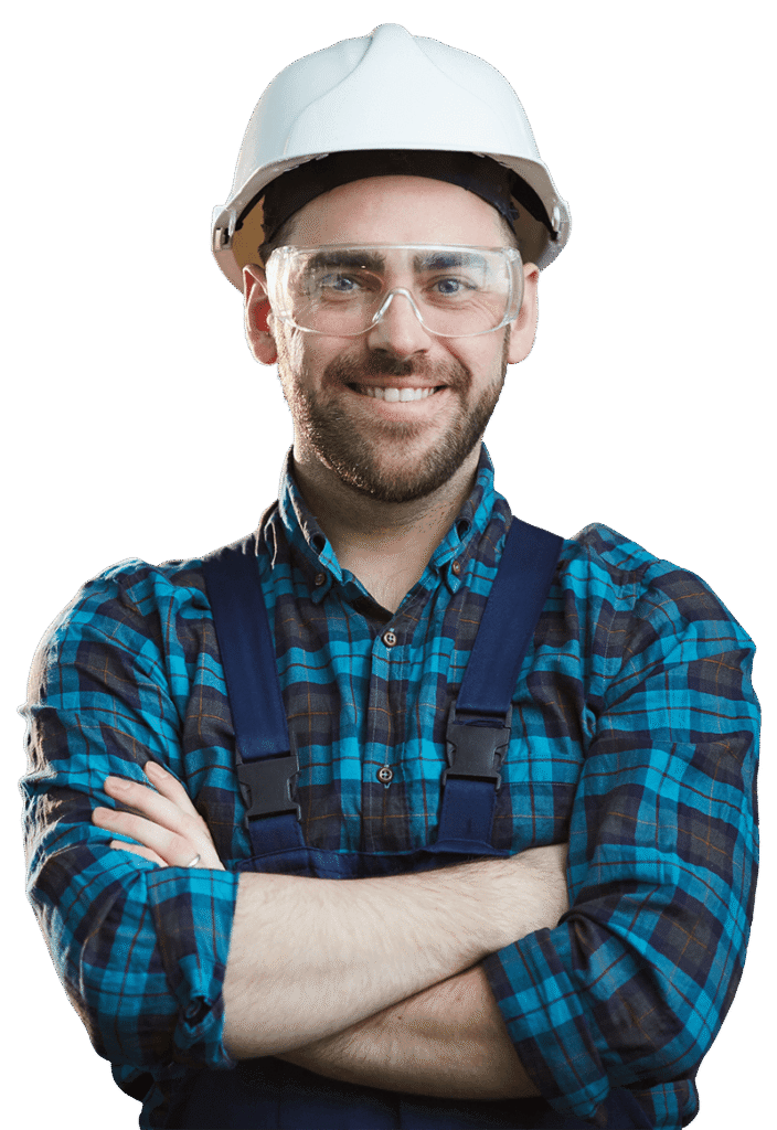 A smiling professional HVAC technician wearing a hard hat and safety glasses representing a local heating and cooling company in Salt Lake City