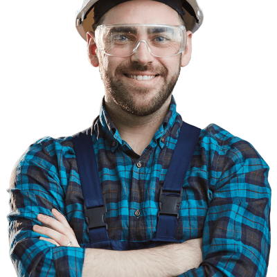 A smiling professional HVAC technician wearing a hard hat and safety glasses representing a local heating and cooling company in Salt Lake City